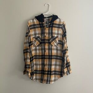 No Boundaries Yellow and Black Plaid Kids Button Down Shirt with Hood